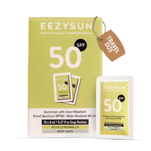 SPF 50 Sunscreen and Insect Repellent Snap Packets - Sunscreen Travel Size Bug Repellent with Citronella Oil, Lemongrass, and Neem Oil - Reef-Safe Repellent - 10 Snap Packets (0.27 fl oz each)