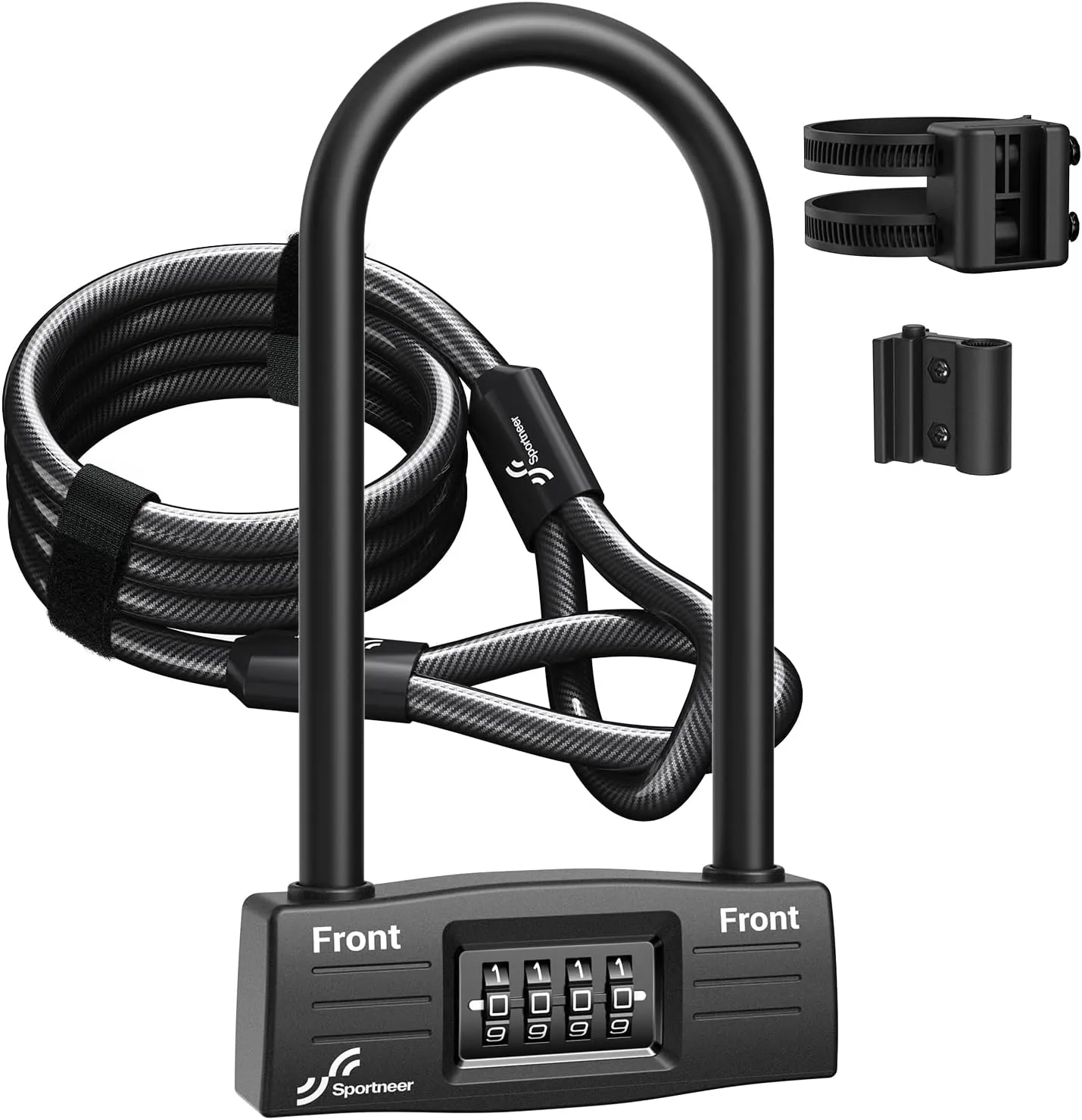 Sportneer Bike Lock: 14mm Keyless Combination Bike Lock with 5ft Security Steel Cable - Heavy Duty Anti Theft Shackle Bicycle U-Locks with Mounting Bracket for Road, Mountain, Electric & Folding Bike