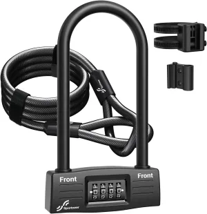 Sportneer Bike Lock: 14mm Keyless Combination Bike Lock with 5ft Security Steel Cable - Heavy Duty Anti Theft Shackle Bicycle U-Locks with Mounting Bracket for Road, Mountain, Electric & Folding Bike