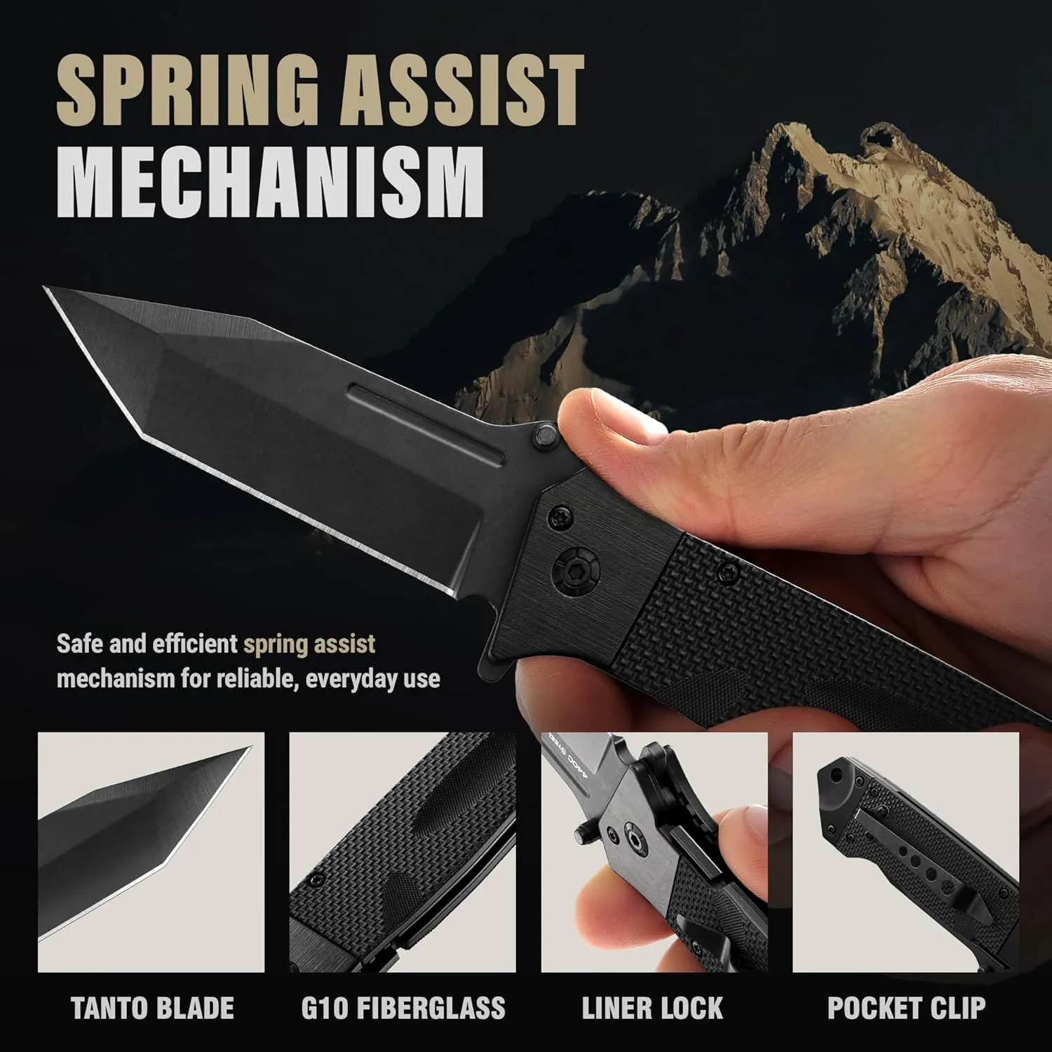 Spring Assisted Heavy Duty Pocket Knife for Men with G10 Handle & Pocket Clip - 3.5" Tanto Blade - Folding Tactical Self Defense Japanese Knives - for Hunting Camping Military Survival Work EDC 6688B