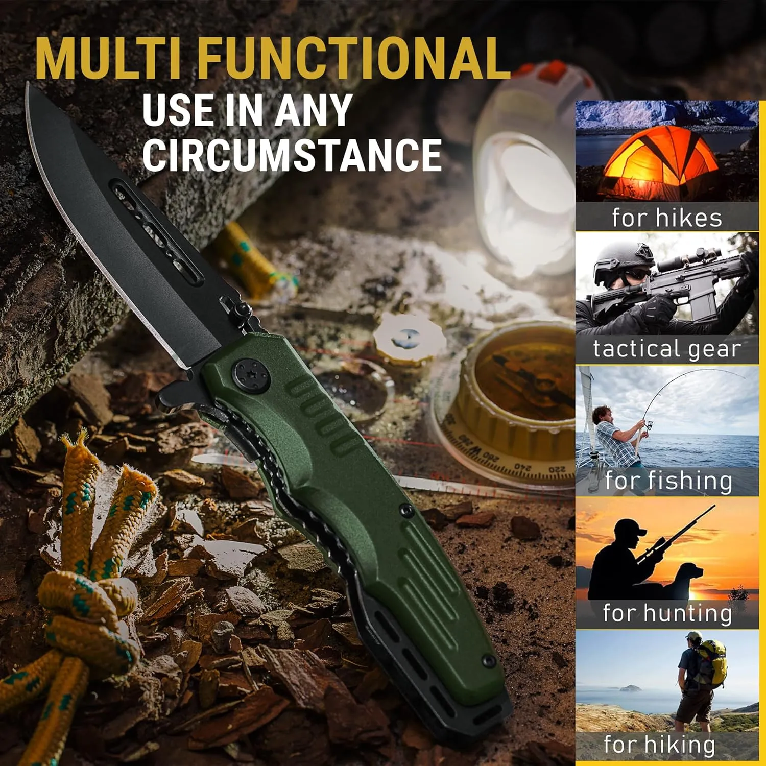 Spring Assisted Knife - Army Green Pocket Knives with Safety Lock - 3.42” Folding Blade with Aluminum Handle for Tactical Camping Survival and Outdoor - Birthday Gifts Idea for Men and Women 6681 A