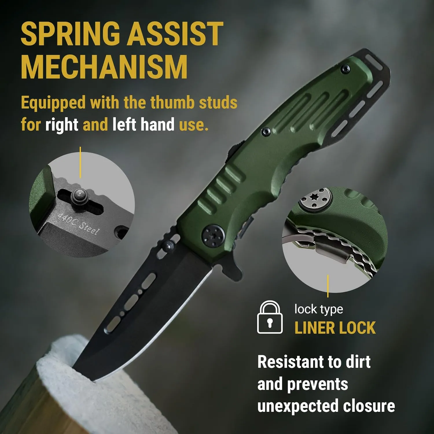 Spring Assisted Knife - Army Green Pocket Knives with Safety Lock - 3.42” Folding Blade with Aluminum Handle for Tactical Camping Survival and Outdoor - Birthday Gifts Idea for Men and Women 6681 A