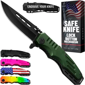 Spring Assisted Knife - Army Green Pocket Knives with Safety Lock - 3.42” Folding Blade with Aluminum Handle for Tactical Camping Survival and Outdoor - Birthday Gifts Idea for Men and Women 6681 A