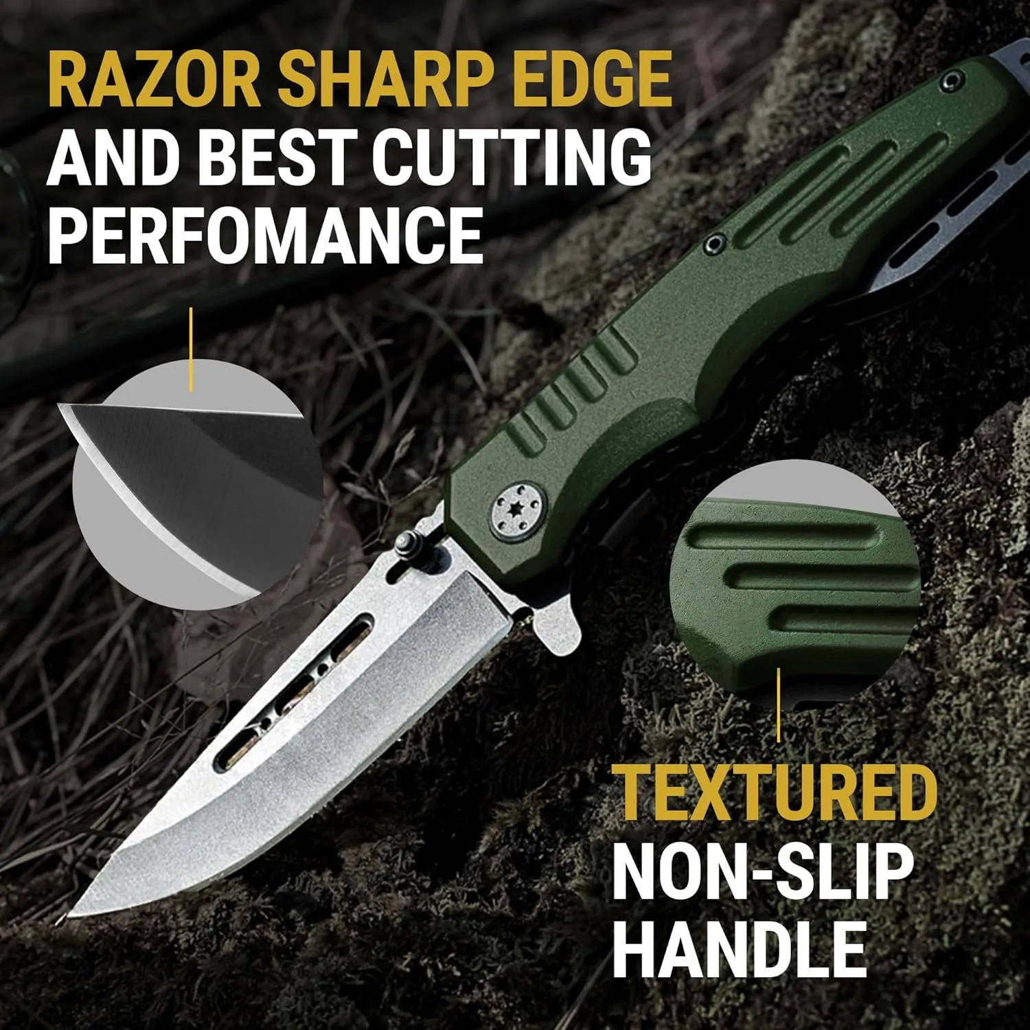 Spring Assisted Knife - Army Green Pocket Knives with Safety Lock - 3.42” Folding Blade with Aluminum Handle for Tactical Camping Survival and Outdoor - Birthday Gifts Idea for Men and Women 6681 A