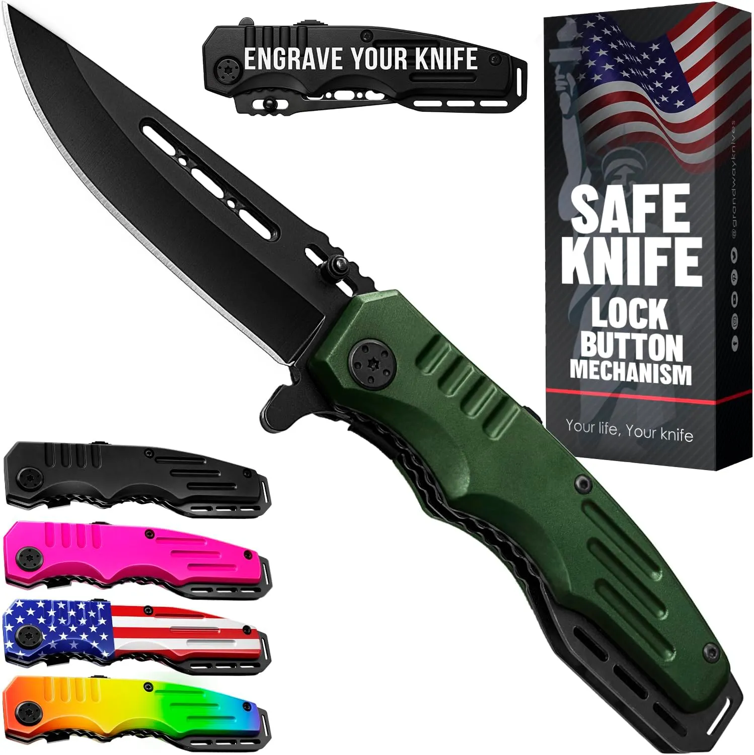 Spring Assisted Knife - Army Green Pocket Knives with Safety Lock - 3.42” Folding Blade with Aluminum Handle for Tactical Camping Survival and Outdoor - Birthday Gifts Idea for Men and Women 6681 A