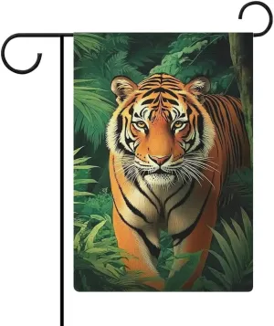 Spring Summer Garden Flag 12 X 18 Inches Double Sided Tiger Walking Jungle Animation Linen Flag Yard House Seasonal Farmhouse Home Outside Outdoor Decoration