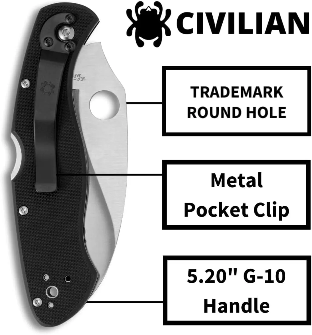 Spyderco Civilian Clipit Black G-10 4.09" SpyderEdge Folding Pocket Knife (C12GS)