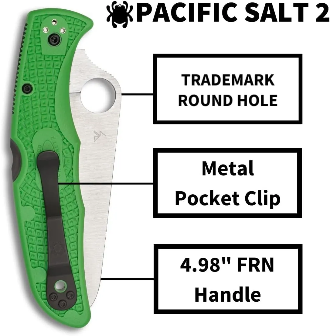 Spyderco Pacific Salt 2 FRN Green 3.78" Plain Edge Folding Pocket Knife (C91FPGR2)