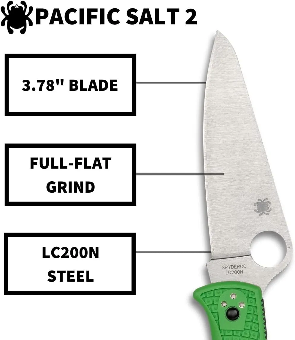 Spyderco Pacific Salt 2 FRN Green 3.78" Plain Edge Folding Pocket Knife (C91FPGR2)