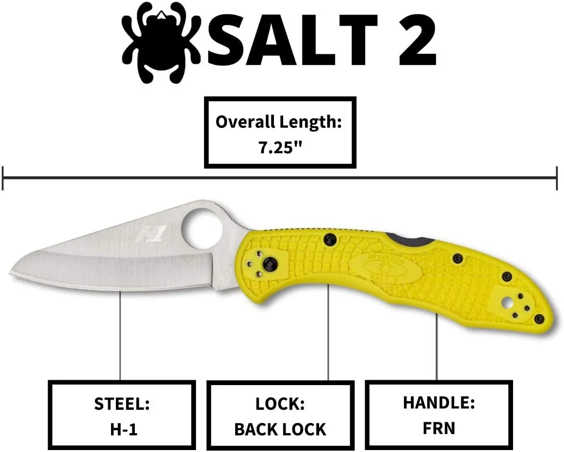 Spyderco Salt 2 Lightweight PlainEdge Folding Knife with 3" H-1 Ultra-Corrosion Resistant Steel Blade and Yellow Handle
