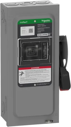 Square D by Schneider Electric VHU361 VisiPact Heavy Duty Safety Switch with Viewing Window and Red (On) and Black (Off) Indicators, Unfused 3 Pole, 30A, 600VAC/600VDC, Type 1