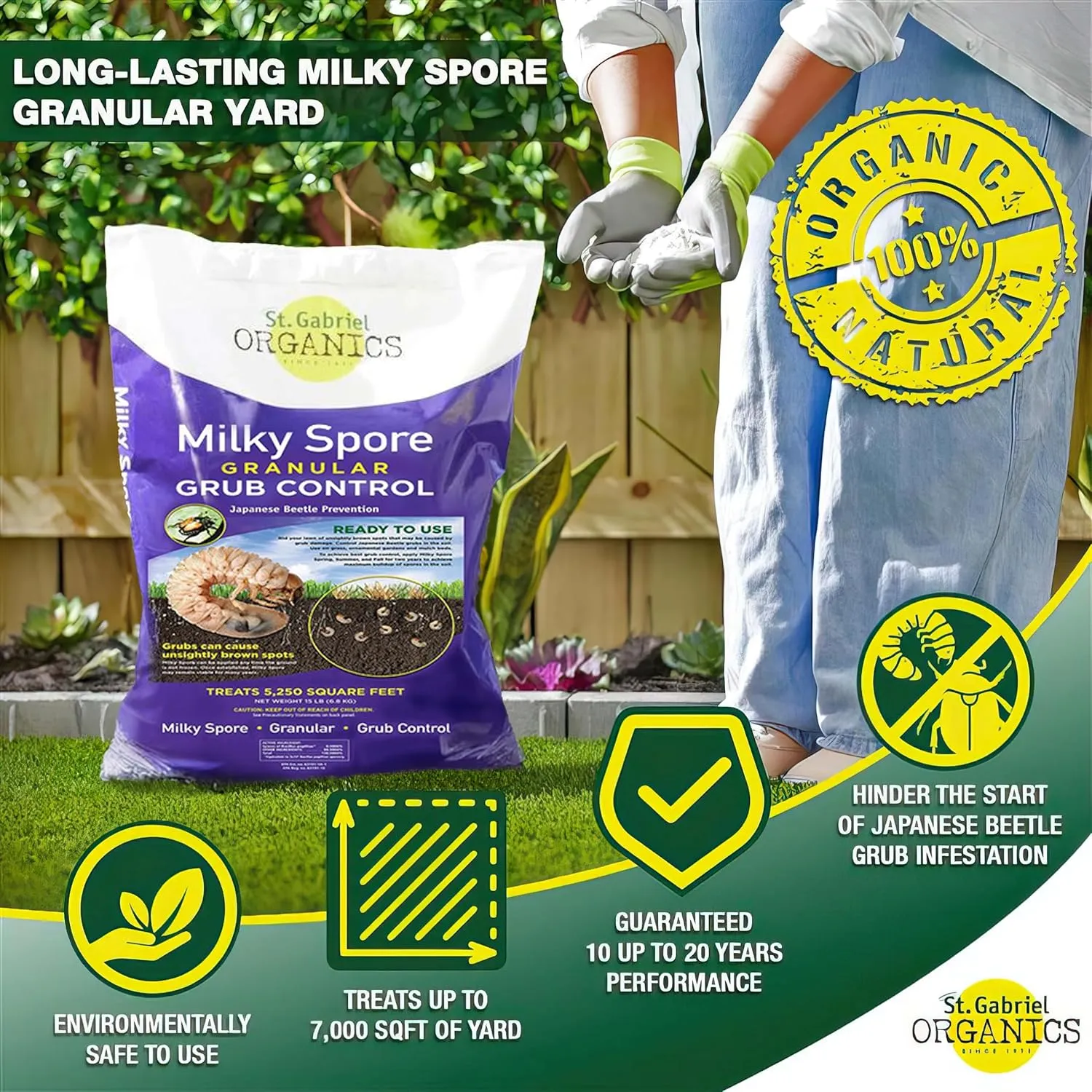 St. Gabriel Organics - 15 Pound Milky Spore Granular Natural Japanese Beetle Grub Control and Repellent for Lawn and Garden Care