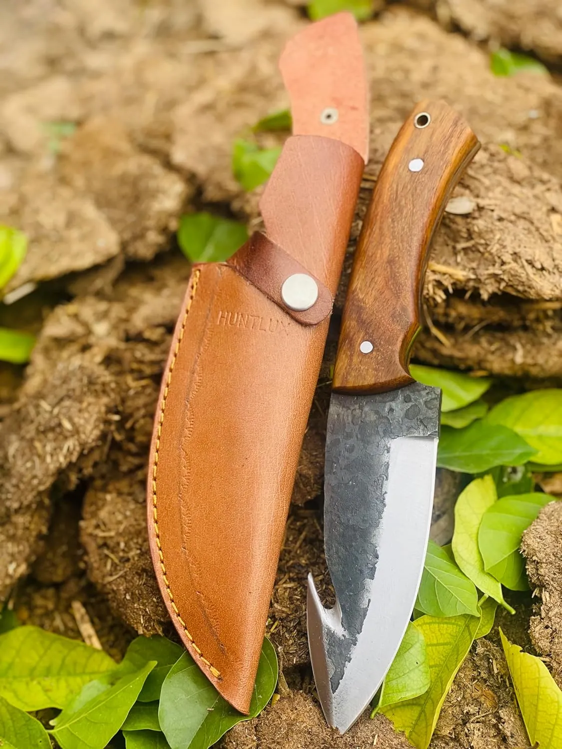 Stainless Steel Hunting Knife With Sheath - Hand Forged 10" Gut Hook for Deer - Sharp Fixed Blade Skinning With Wood Handle - Full Tang Survival for Outdoor Camping, Gutting
