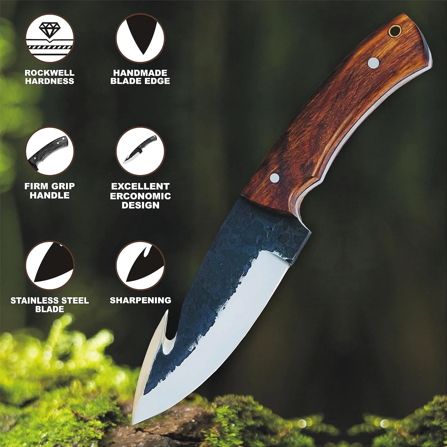 Stainless Steel Hunting Knife With Sheath - Hand Forged 10" Gut Hook for Deer - Sharp Fixed Blade Skinning With Wood Handle - Full Tang Survival for Outdoor Camping, Gutting