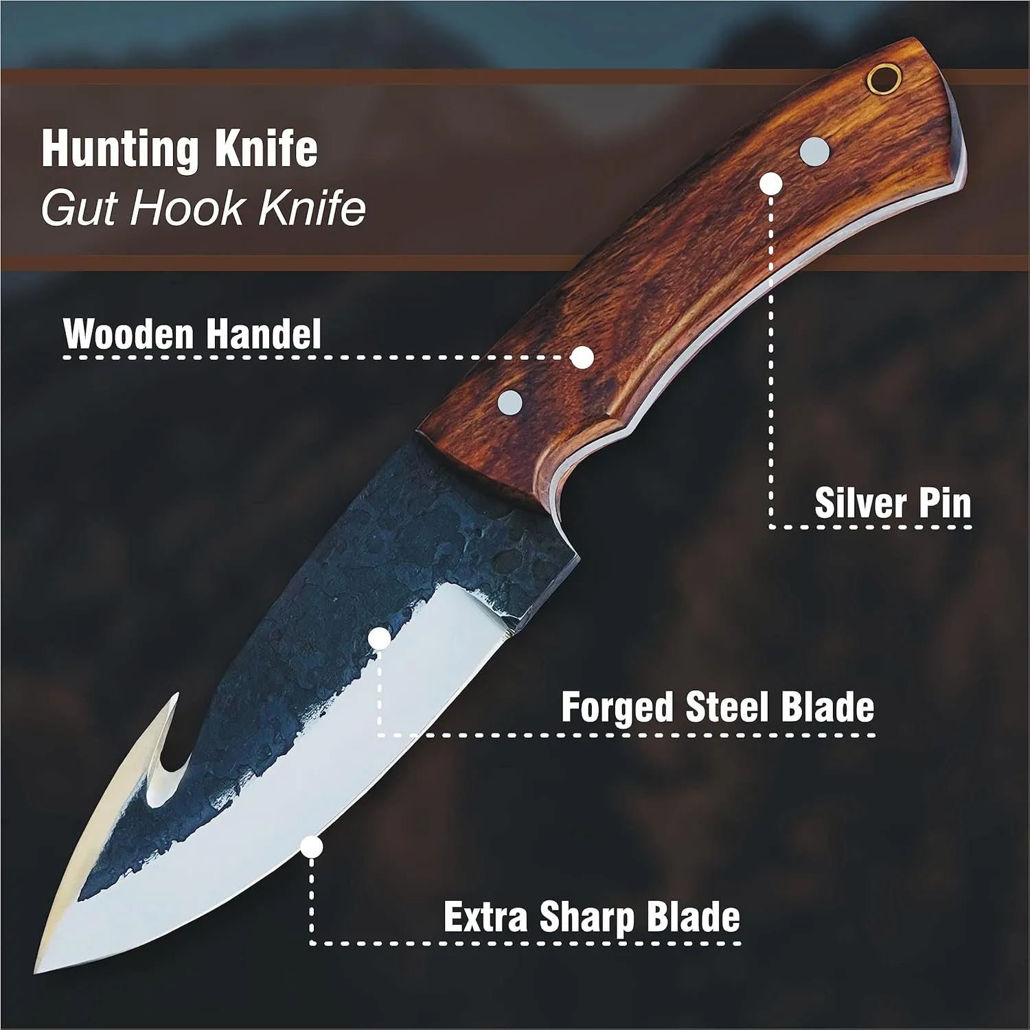 Stainless Steel Hunting Knife With Sheath - Hand Forged 10" Gut Hook for Deer - Sharp Fixed Blade Skinning With Wood Handle - Full Tang Survival for Outdoor Camping, Gutting
