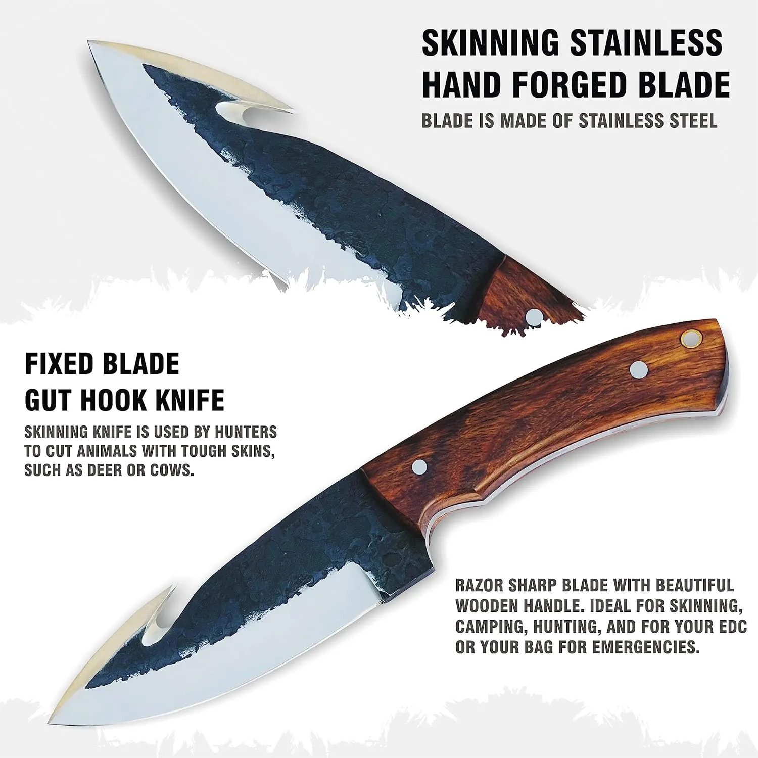 Stainless Steel Hunting Knife With Sheath - Hand Forged 10" Gut Hook for Deer - Sharp Fixed Blade Skinning With Wood Handle - Full Tang Survival for Outdoor Camping, Gutting