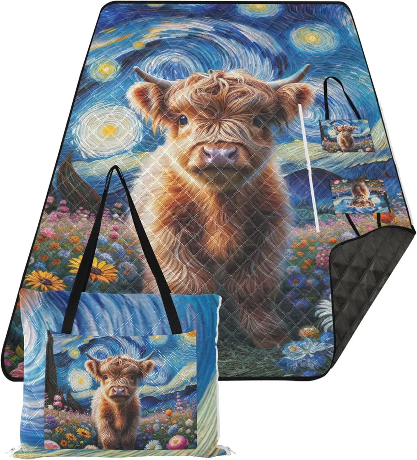 Starry Night Floral Cow Waterproof Beach Blanket Sand Proof Picnic Supplies Foldable Mat Outdoor Blankets for Grass 80" x 60"