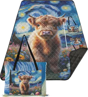 Starry Night Floral Cow Waterproof Beach Blanket Sand Proof Picnic Supplies Foldable Mat Outdoor Blankets for Grass 80" x 60"