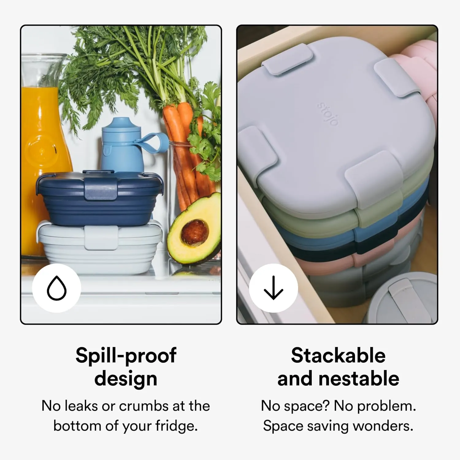 STOJO Collapsible Sandwich Box – 24oz, Reusable Food Storage Container, Silicone Bowl for Hot/Cold Food – Meal Prep, Lunch, Camping, Hiking – Dishwasher Safe (Set of 5, Translucent Denim)