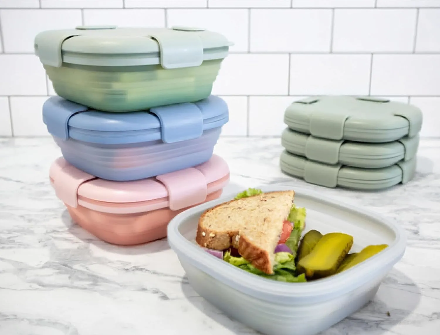 STOJO Collapsible Sandwich Box – 24oz, Reusable Food Storage Container, Silicone Bowl for Hot/Cold Food – Meal Prep, Lunch, Camping, Hiking – Dishwasher Safe (Set of 5, Translucent Denim)