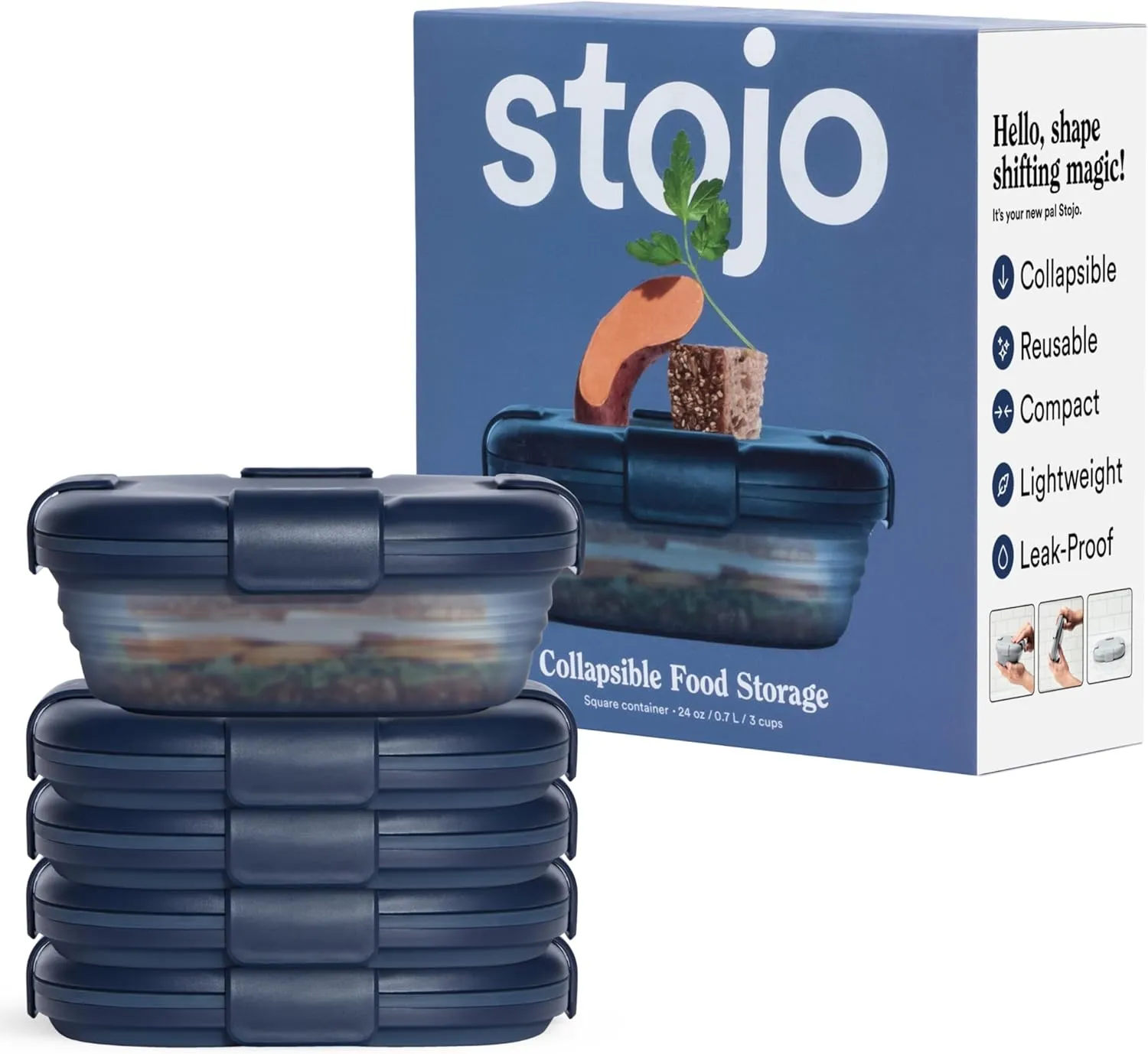 STOJO Collapsible Sandwich Box – 24oz, Reusable Food Storage Container, Silicone Bowl for Hot/Cold Food – Meal Prep, Lunch, Camping, Hiking – Dishwasher Safe (Set of 5, Translucent Denim)