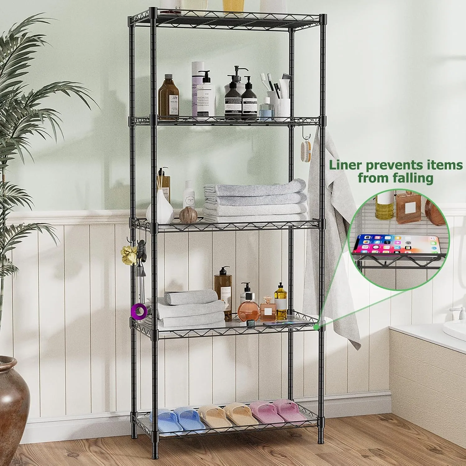 Storage Shelves,21.3" W x 11.8" D x 58.5" H Wire Shelving Unit Loads 550LBS,5-tier Adjustable Metal Utility Shelf,Garage Shelves with Liner and Hooks,Home Storage Rack for Kitchen,Laundry,Pantry