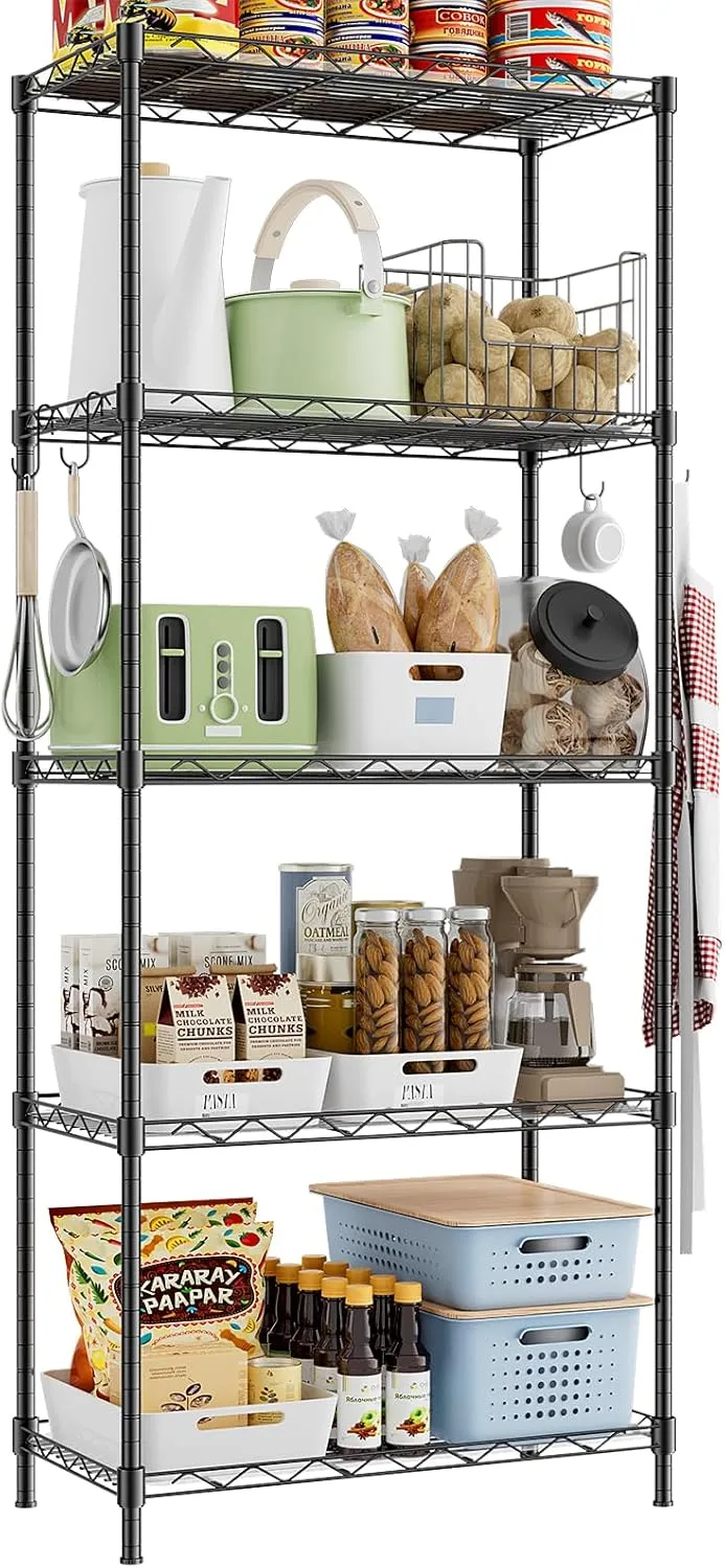 Storage Shelves,21.3" W x 11.8" D x 58.5" H Wire Shelving Unit Loads 550LBS,5-tier Adjustable Metal Utility Shelf,Garage Shelves with Liner and Hooks,Home Storage Rack for Kitchen,Laundry,Pantry