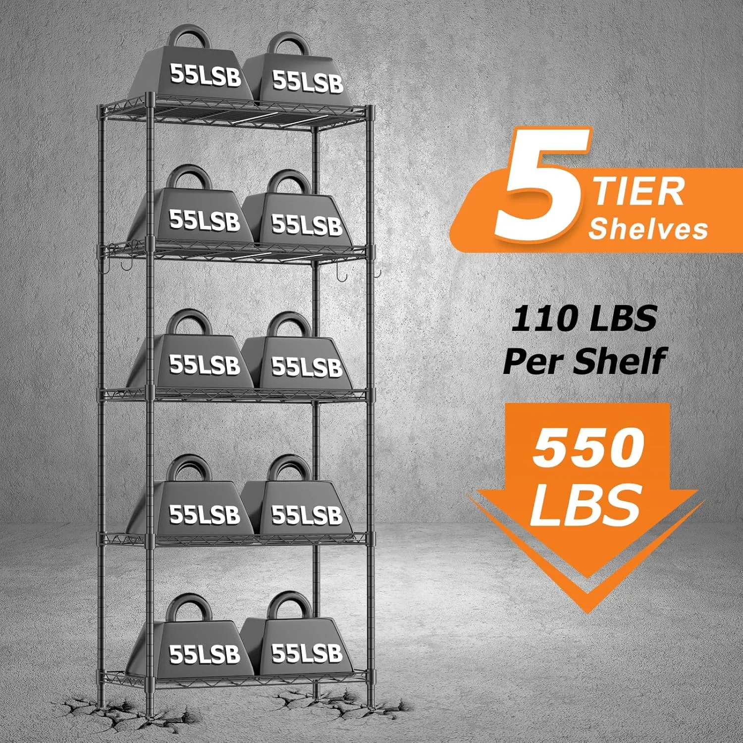 Storage Shelves,21.3" W x 11.8" D x 58.5" H Wire Shelving Unit Loads 550LBS,5-tier Adjustable Metal Utility Shelf,Garage Shelves with Liner and Hooks,Home Storage Rack for Kitchen,Laundry,Pantry