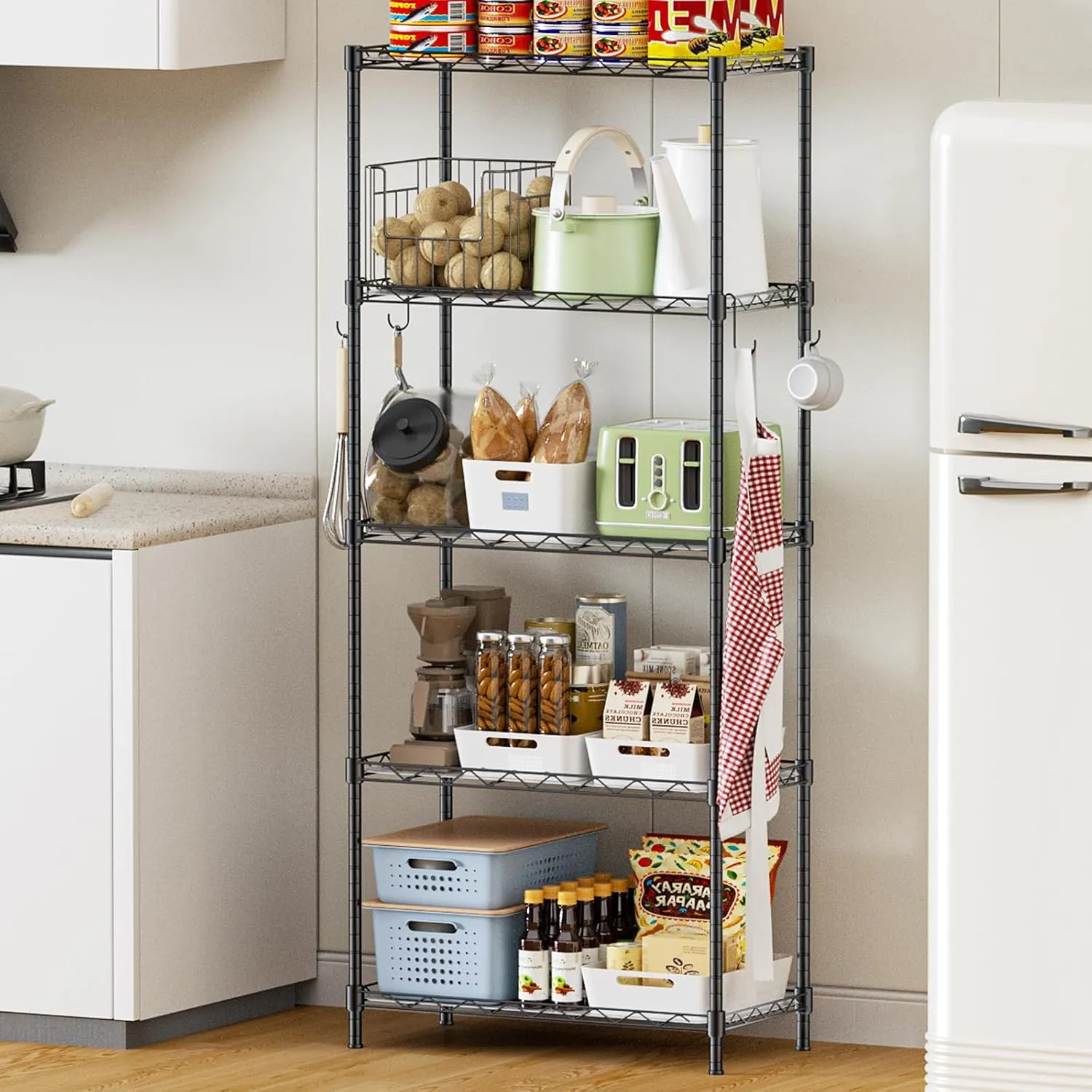 Storage Shelves,21.3" W x 11.8" D x 58.5" H Wire Shelving Unit Loads 550LBS,5-tier Adjustable Metal Utility Shelf,Garage Shelves with Liner and Hooks,Home Storage Rack for Kitchen,Laundry,Pantry