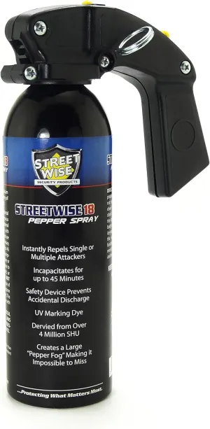 Streetwise 18 Self Defense Pepper Spray - Home Defense - 16-Ounce Lab Certified with Pistol Grip, UV Marking Dye and Safety Lock with Keyring Pin