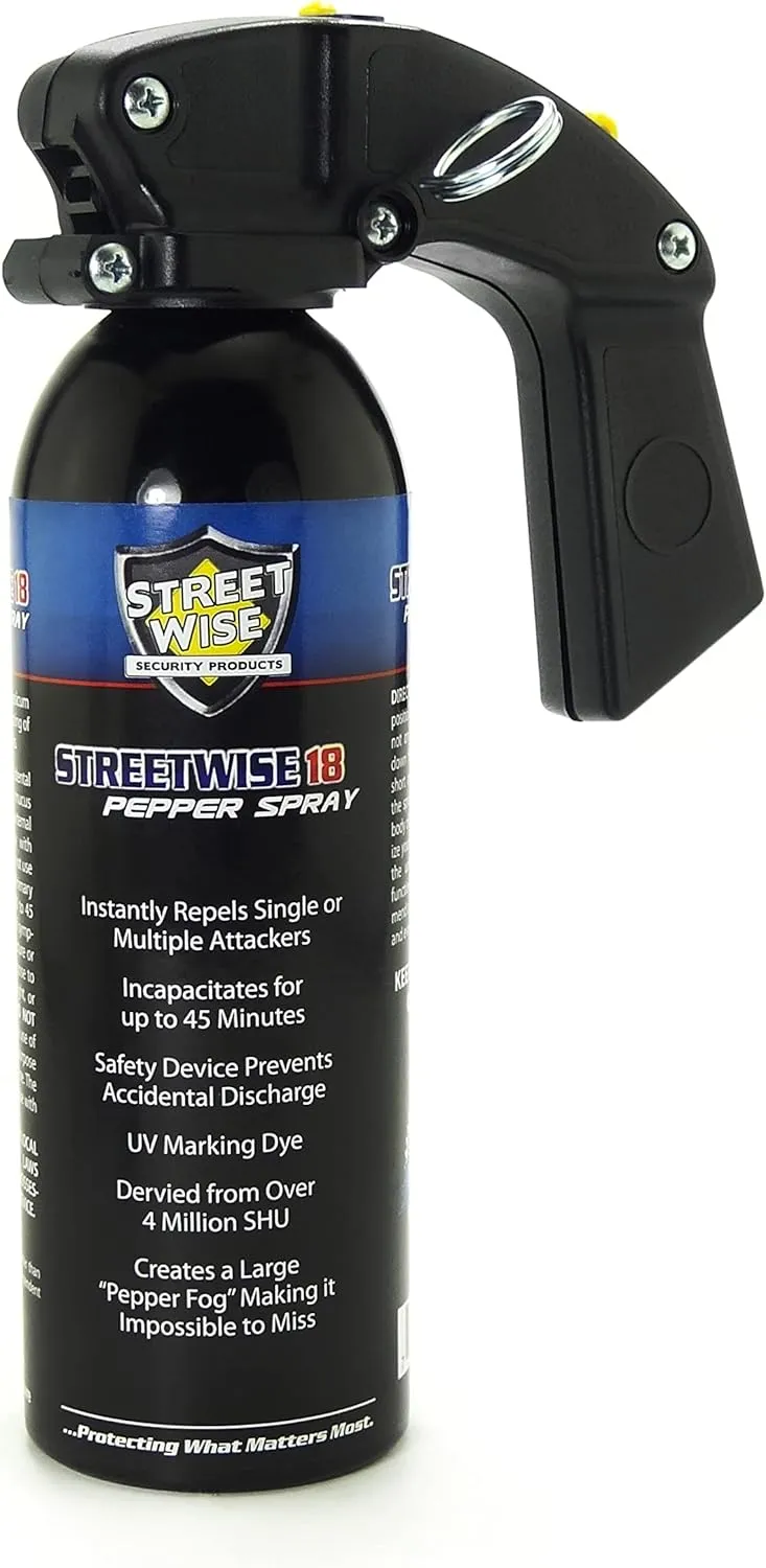 Streetwise 18 Self Defense Pepper Spray - Home Defense - 16-Ounce Lab Certified with Pistol Grip, UV Marking Dye and Safety Lock with Keyring Pin