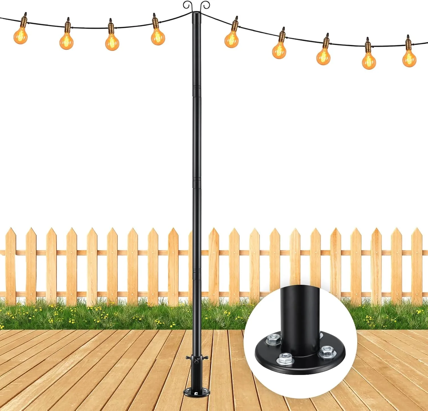 String Light Pole for Ground, 8FT Heavy Duty Adjustable Metal Poles for Outdoor String Light Hanging with Flange Base, Backyard, Garden, Patio, for Party (1 Pcs)