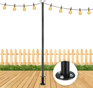 String Light Pole for Ground, 8FT Heavy Duty Adjustable Metal Poles for Outdoor String Light Hanging with Flange Base, Backyard, Garden, Patio, for Party (1 Pcs)