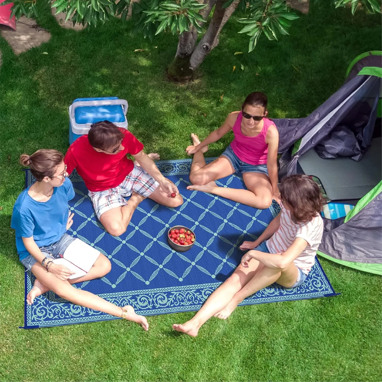 Stylish Camping 116093 6-feet by 9-feet Reversible Mat, Plastic Straw Rug, Large Floor Mat for Outdoors, RV, Patio, Backyard, Picnic, Beach, Camping (Blue/Light-Green)