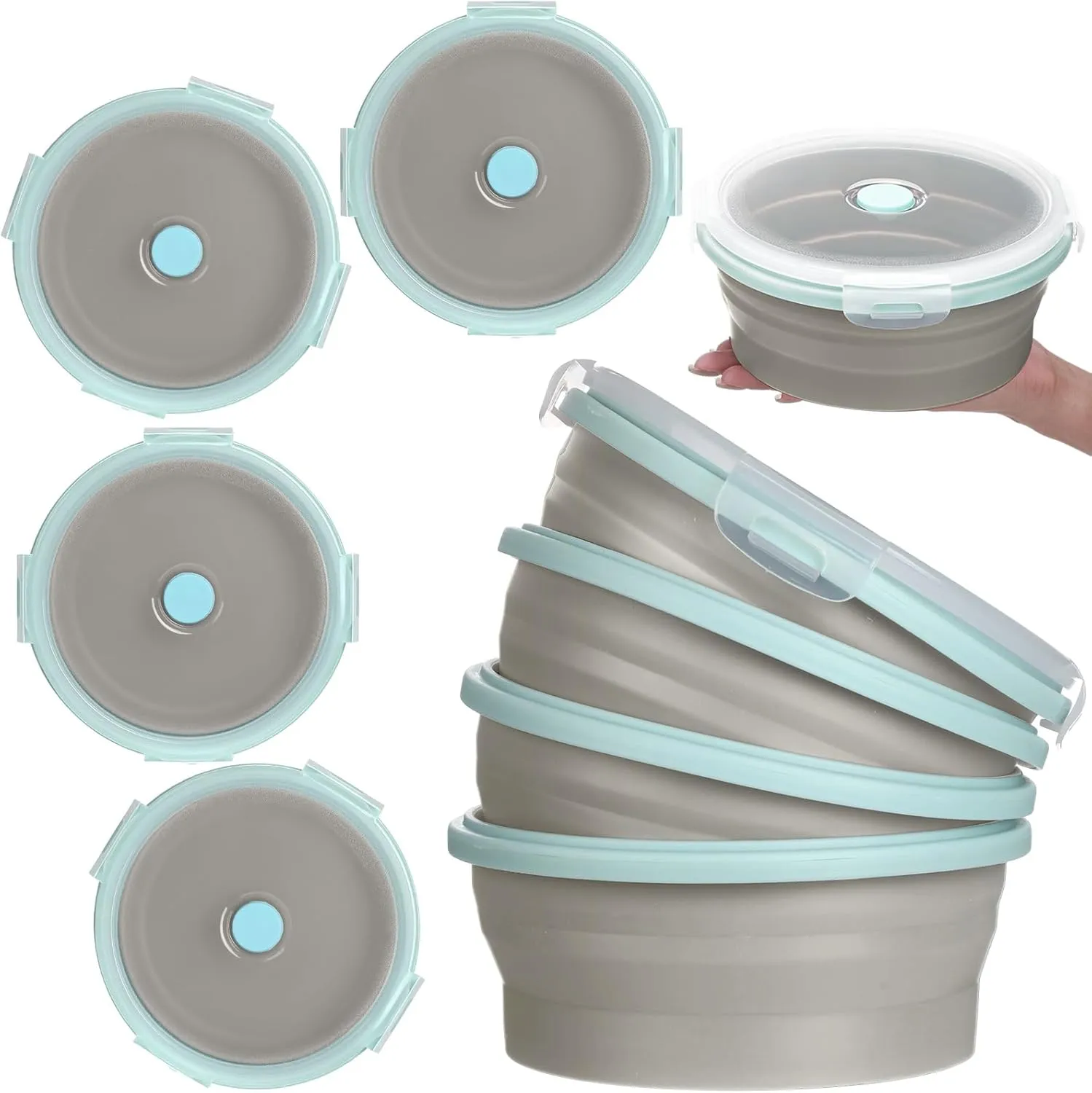 Suclain 4 Pcs Camping Bowl with Lid Collapsible Silicone Lunch Box Salad Bowl Expandable Food Storage Container Folding Travel Container for Hiking Camping(Blue Rim Gray,41 oz)