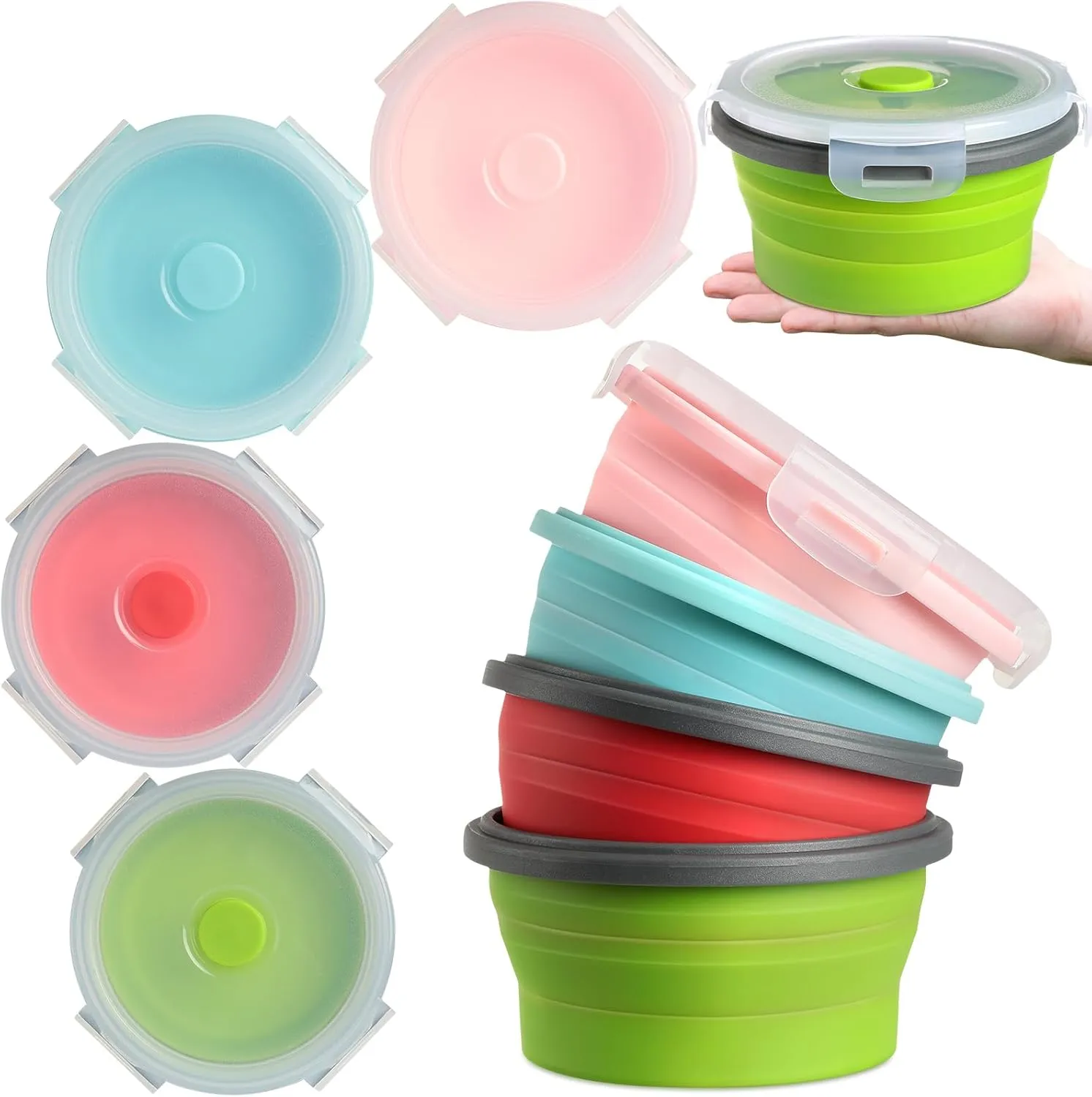 Suclain 4 Pcs Camping Bowl with Lid Collapsible Silicone Lunch Box Salad Bowl Expandable Food Storage Container Folding Travel Container for Hiking Camping(Red, Pink, Blue, Green,41 oz)