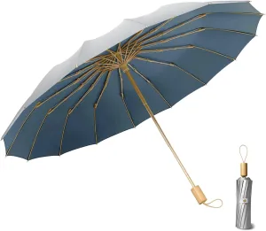 Sun/Rain Compact Umbrella, UPF 50 UV Protection 16 Fibreglass Ribs Super Windproof Folding Umbrella Parasol, Sun Blocking Travel Golf UV Umbrella (Silver/Slate Blue)