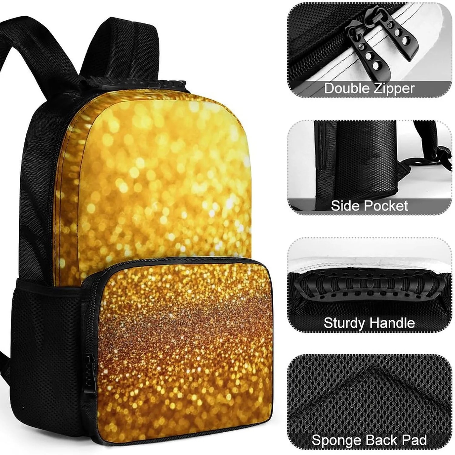Supdreamc Lightweight Daypack Backpack for Trekking Work Running - Big Capacity Multipurpose Anti-Theft Bookbag, Beautiful Gold Bling Glitter Sparkles Pattern Business Computer Bag