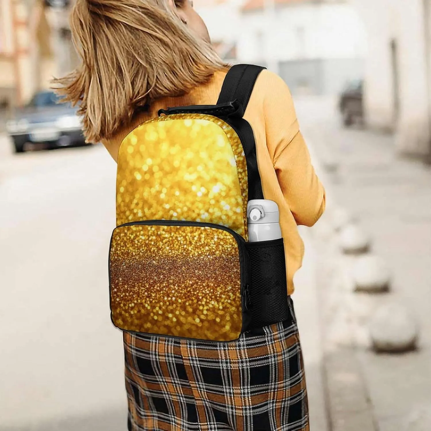 Supdreamc Lightweight Daypack Backpack for Trekking Work Running - Big Capacity Multipurpose Anti-Theft Bookbag, Beautiful Gold Bling Glitter Sparkles Pattern Business Computer Bag