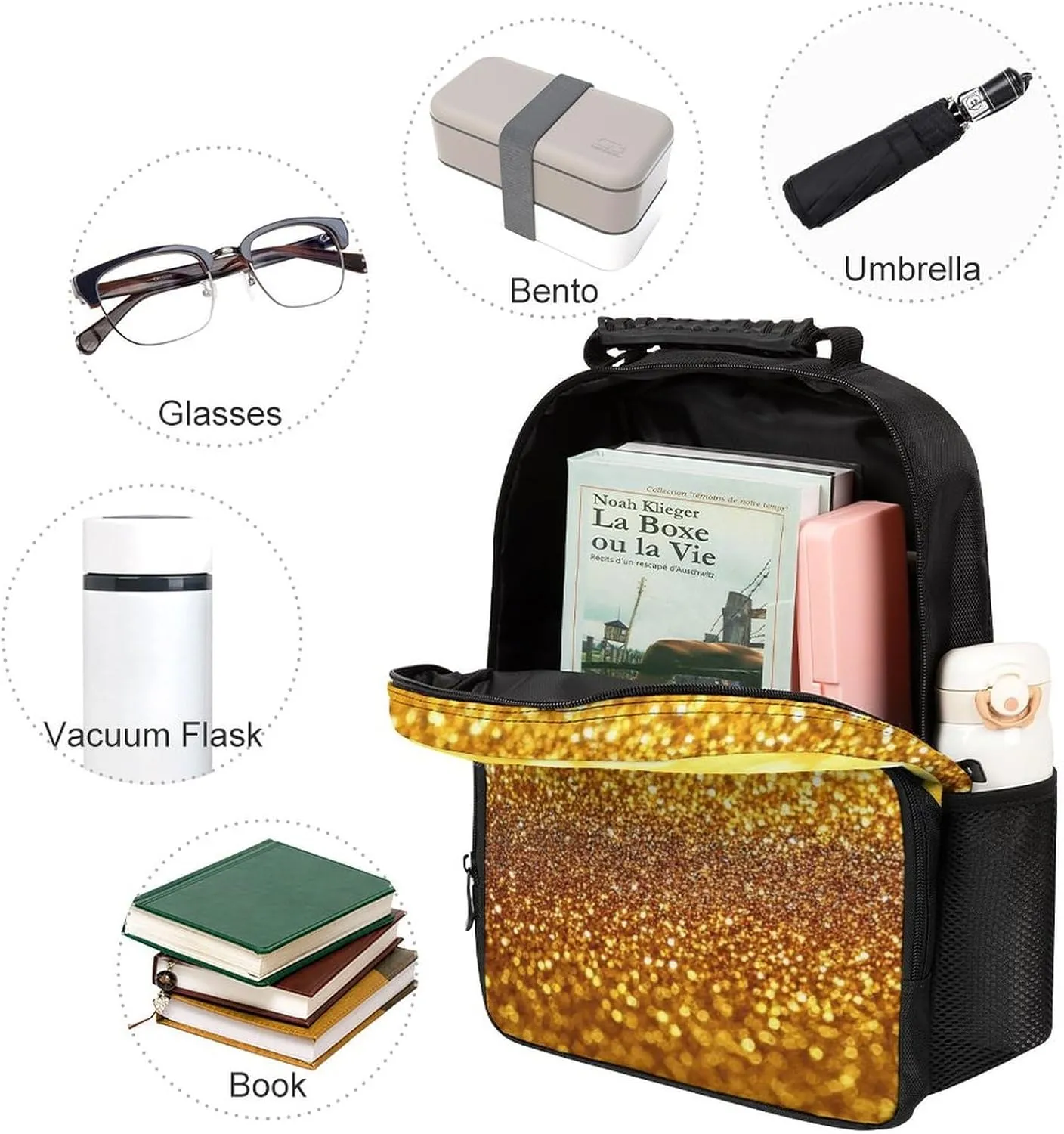 Supdreamc Lightweight Daypack Backpack for Trekking Work Running - Big Capacity Multipurpose Anti-Theft Bookbag, Beautiful Gold Bling Glitter Sparkles Pattern Business Computer Bag