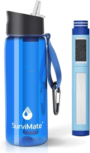 SurviMate 5-Stage 0.01μm Ultra-Filtration Filtered Water Bottle, BPA-Free Material, NSF/ANSI 42&372 Certified, Portable Water Filter Bottle for Survival, Camping, Hiking, and Emergency Use