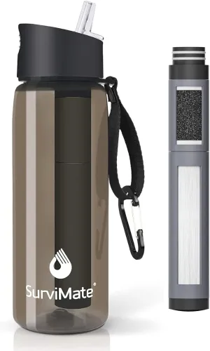 SurviMate 5-Stage 0.01μm Ultra-Filtration Filtered Water Bottle, BPA-Free Material, NSF/ANSI 42&372 Certified, Portable Water Filter Bottle for Survival, Camping, Hiking, and Emergency Use