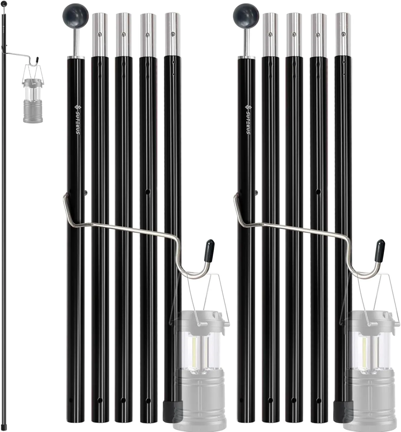 Sutekus Aluminum Poles Tarp Poles Replacement Accessories 5 Section Multifunction Aluminum Rod with Lantern Hook for Camping Shelters Canopy Support 2 Poles (Black)