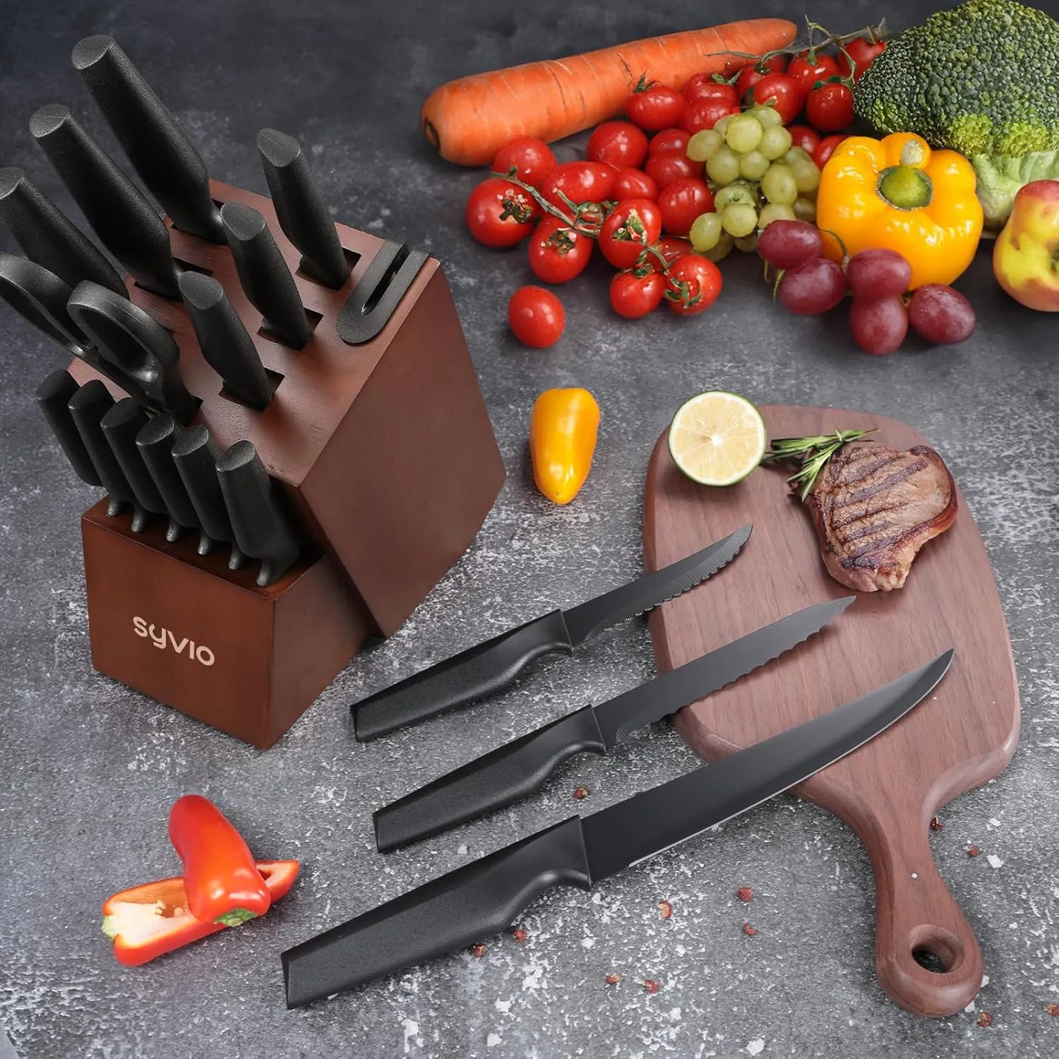 syvio Knife Set, 15 Pcs Kitchen Knife Set with Block and Sharpener, with Heavy Poultry Shears and 6pcs Serrated Steak Knives Razor-Sharp, Stainless Steel, Lightweight, Anti-Slip Handle
