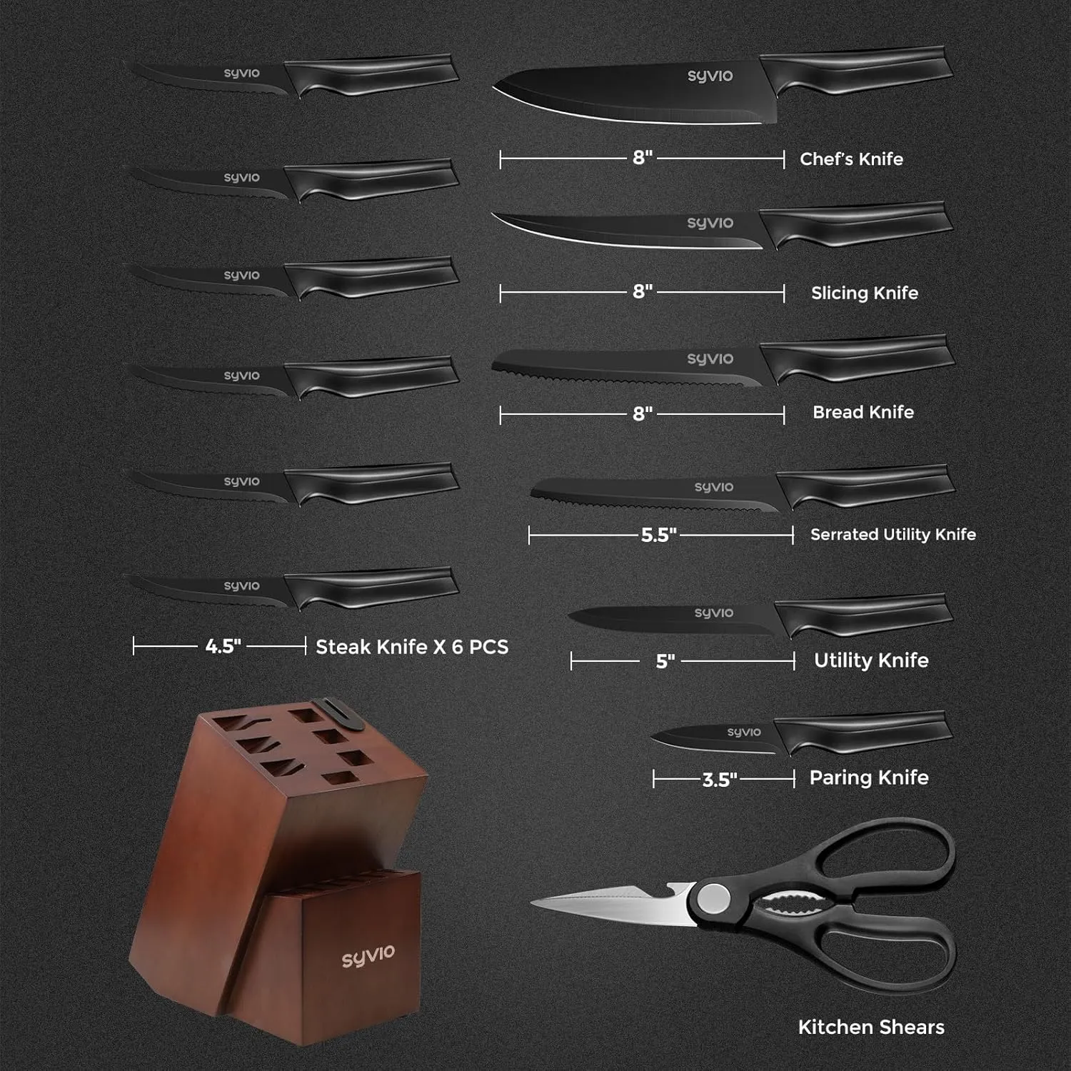 syvio Knife Set, 15 Pcs Kitchen Knife Set with Block and Sharpener, with Heavy Poultry Shears and 6pcs Serrated Steak Knives Razor-Sharp, Stainless Steel, Lightweight, Anti-Slip Handle