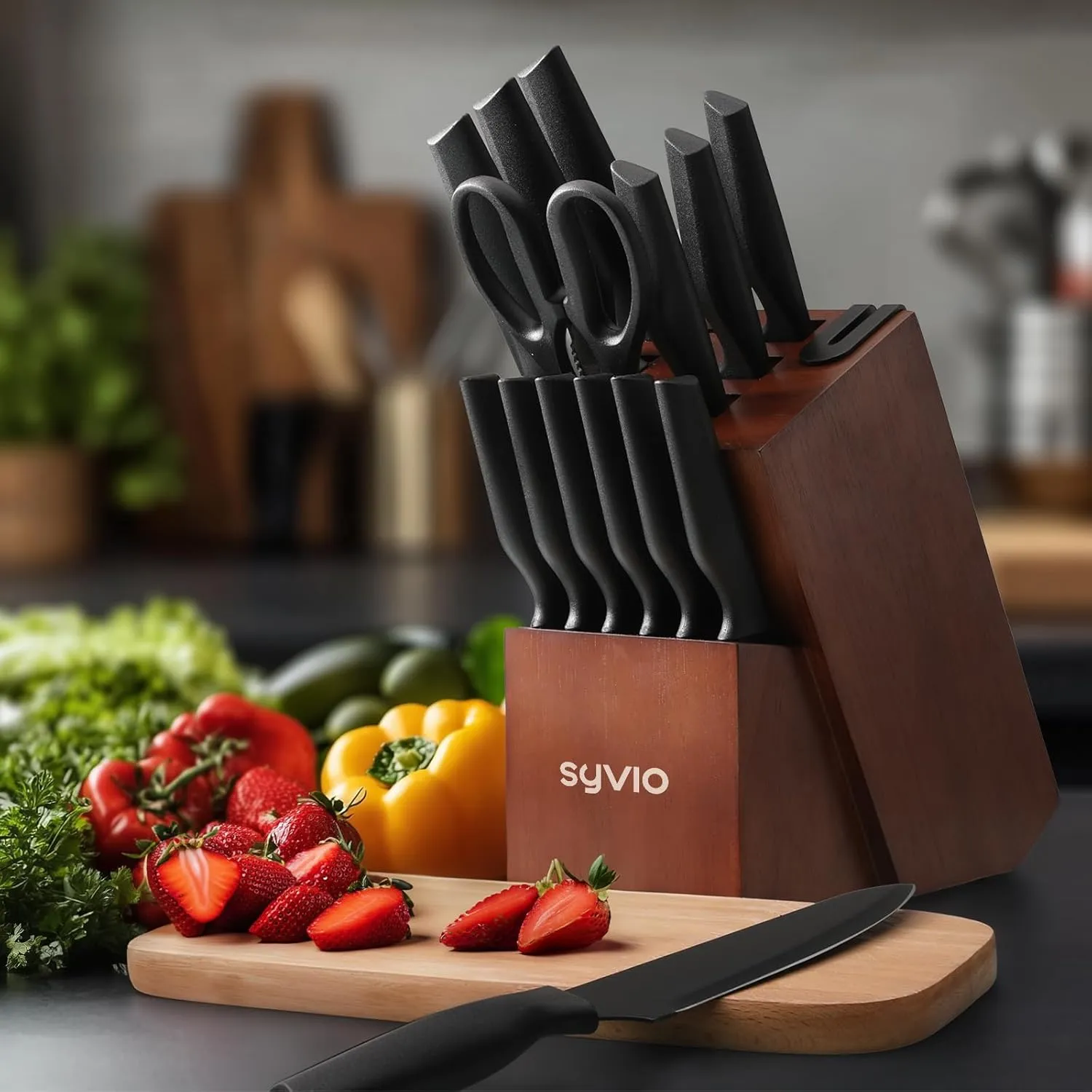 syvio Knife Set, 15 Pcs Kitchen Knife Set with Block and Sharpener, with Heavy Poultry Shears and 6pcs Serrated Steak Knives Razor-Sharp, Stainless Steel, Lightweight, Anti-Slip Handle