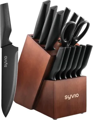 syvio Knife Set, 15 Pcs Kitchen Knife Set with Block and Sharpener, with Heavy Poultry Shears and 6pcs Serrated Steak Knives Razor-Sharp, Stainless Steel, Lightweight, Anti-Slip Handle