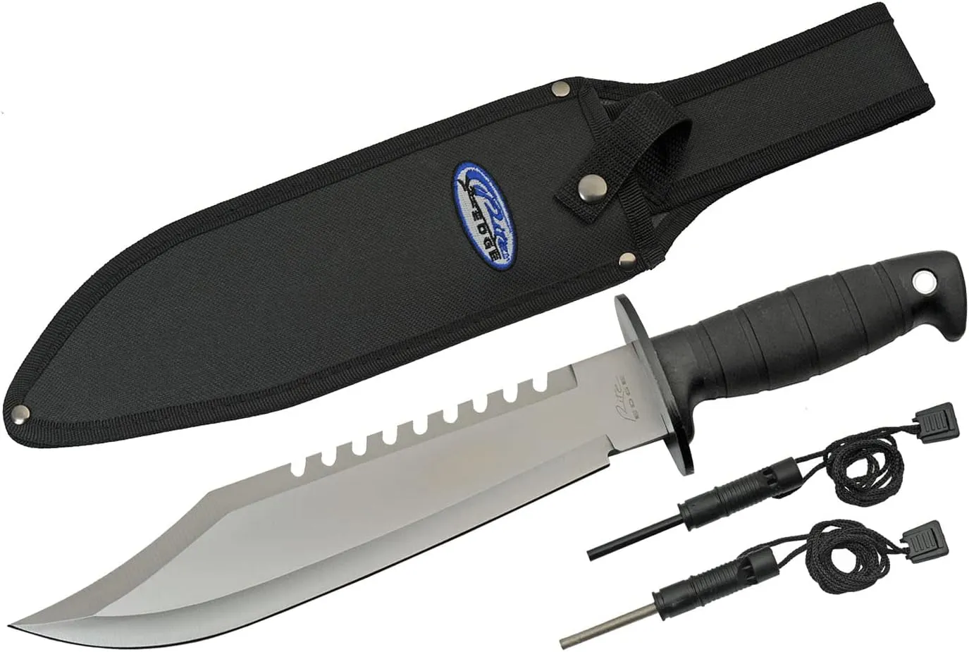 Szco Supplies 15” Rite Edge USA Survival Knife Saw-Back Outdoor Hunting, Camping Knife with Firestarter, Sharpener and Nylon Sheath Black, 211539