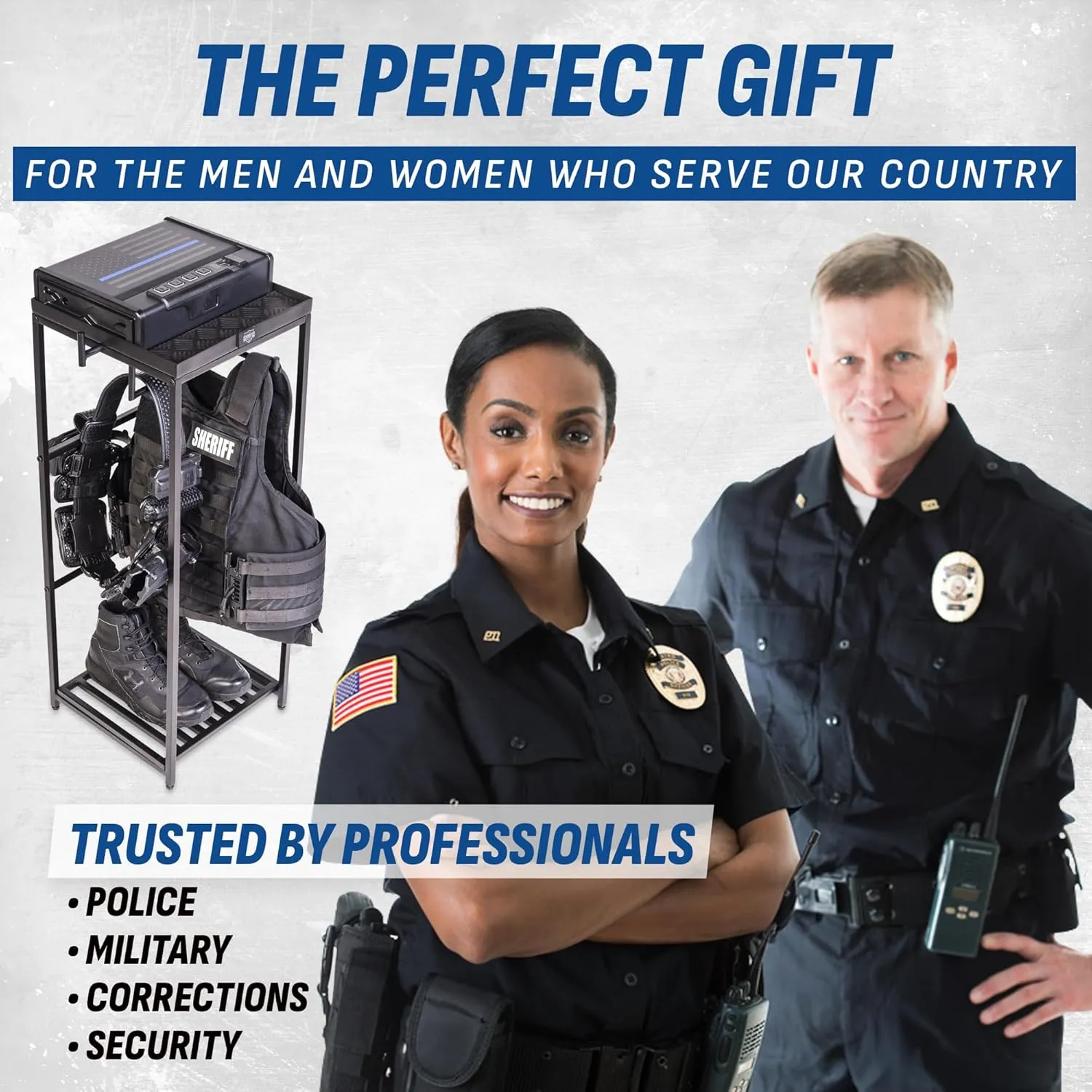 Tac Tower – Police Gear Rack with Quick Access Safe – American Flag Tactical Gear Stand – Law Enforcement Vest and Duty Belt Holder - Cop Caddy Valet Stand - Police Gift