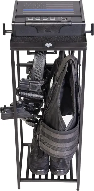 Tac Tower – Police Gear Rack with Quick Access Safe – American Flag Tactical Gear Stand – Law Enforcement Vest and Duty Belt Holder - Cop Caddy Valet Stand - Police Gift